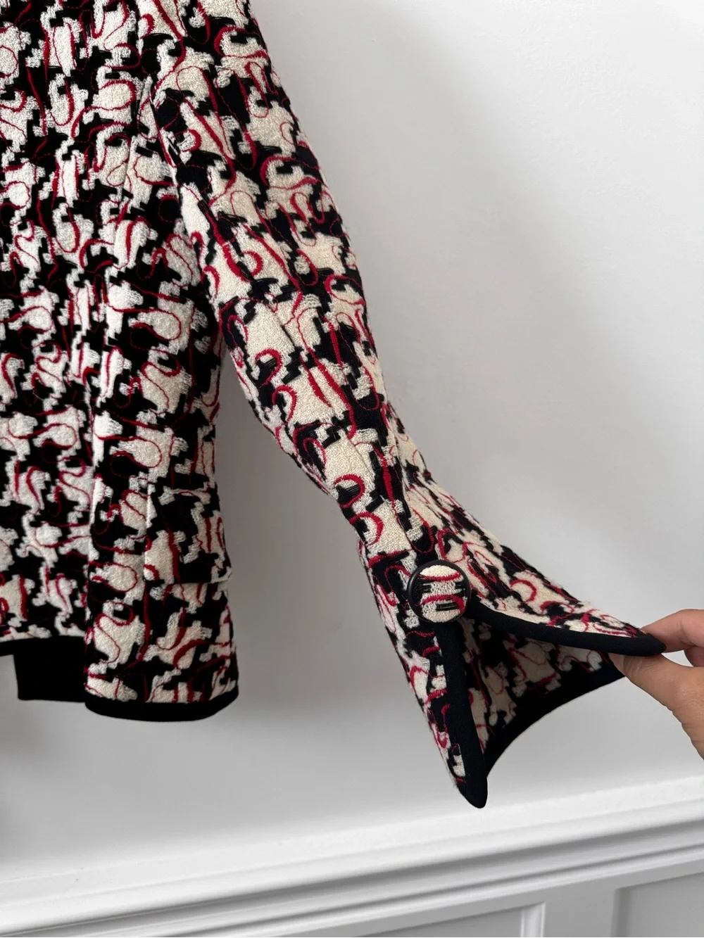 Dior Black, White & Red Tweed Collarless Jacket